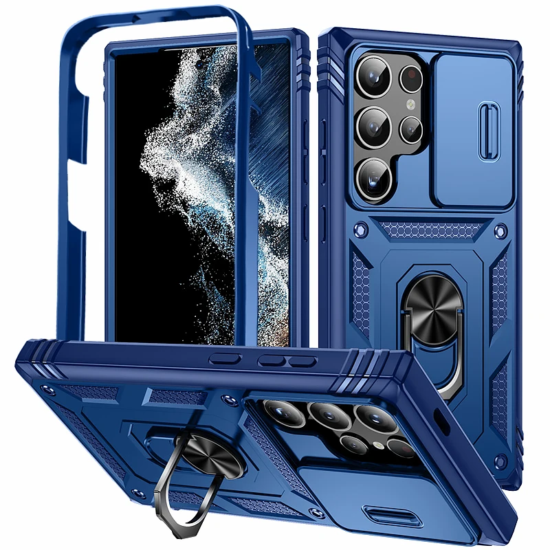 Lüks Zırh Lens Tam Koruma Kılıfı Samsung Galaxy S24 Ultra S24 Artı Araba Mıknatıs Halka Standı Kapak Galaxy S24FE S24