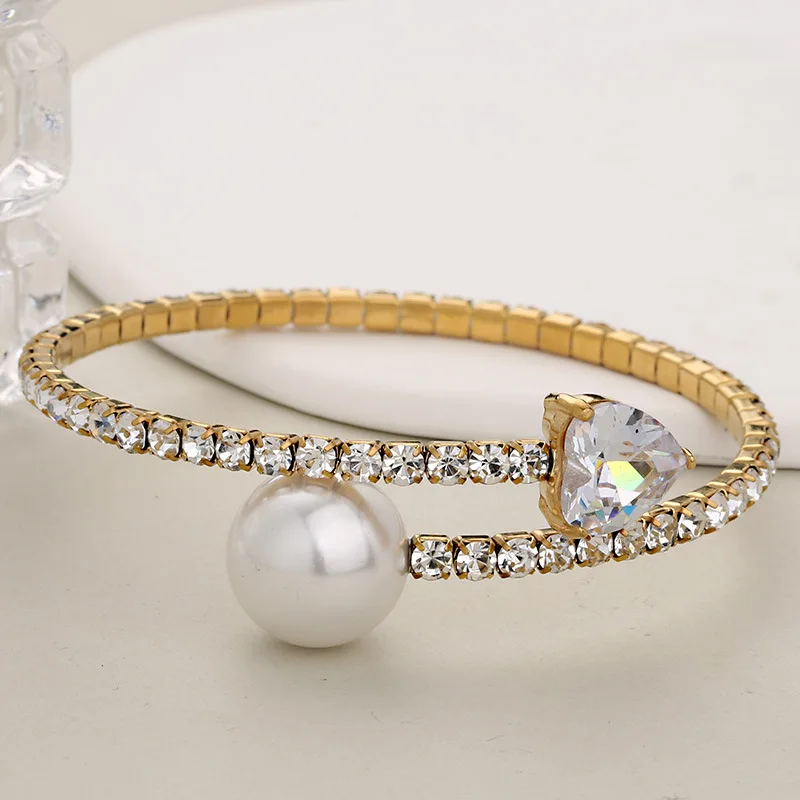Elegant & Generous Single Row Crystal Zircon Inlaid Pearl Heart Opening Stainless Steel Chain Bracelet for Women, Selected Gift