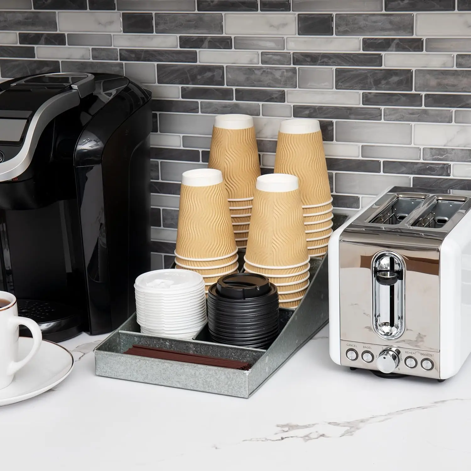 Mind Reader Cup and Condiment Station, Countertop Organizer, Coffee Bar, Galvanized Metal, 8.5