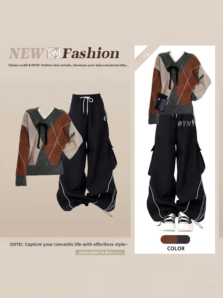 

Retro Knitted Sweater with Lace Knot Dstring Sports Pants Women's Winter Faion Set Long Sve Casual Top