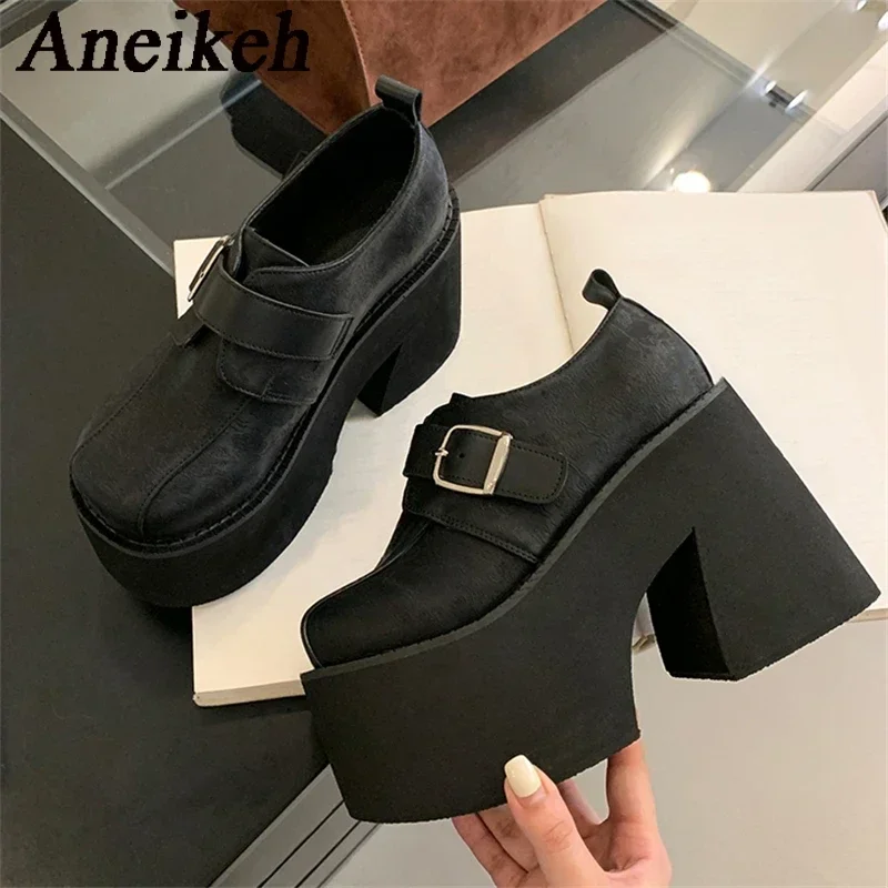 Aneikeh Fashion Mixed Colors Black Thick Soled Ankle Boots for Women 2025 New Spring Short Boots High Heels Zipper Botas Muje