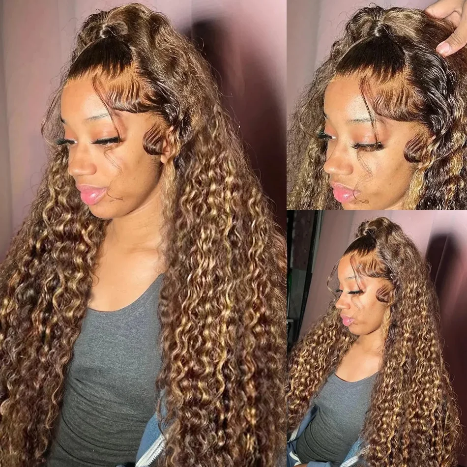 30 40 Inch Highlight Wig Deep Wave 13x6 Hd Transparent Lace Frontal Wig P4/27 Honey Blonde Water Wave 13X4 Lace Front Wig 4x4 5x5 Closure Curly Pre Plucked Lace ≥98% Human Hair Wigs