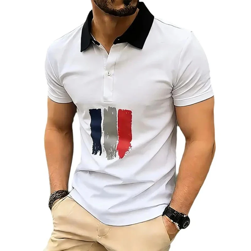 

Летние мужские поло с принтом, дышащие футболки с коротким рукавом, контрастные цвета, повседневный стиль, воротник с лацканами, уличная одежда, базовый топ