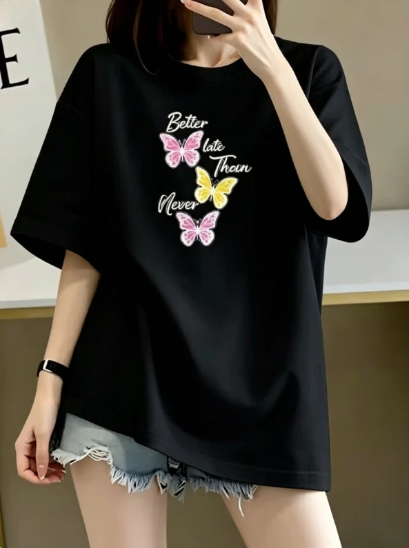 Korean Style T-shirt Y2K Butterfly Graphic Short-sleeved Shirt Better Late Than Never Quote Casual Top Versatile Crew Neck Tee