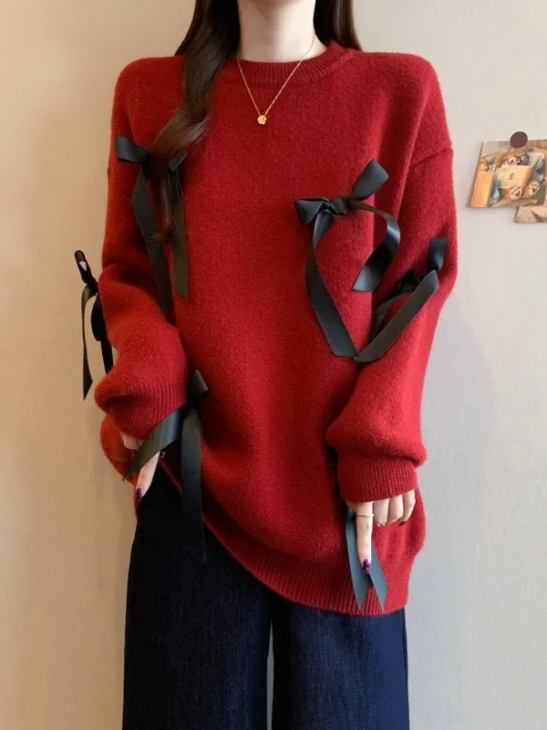 

Винно-красный свитер с длинными рукавами для женщин, модный, с 3D-узлом, осенне-зимний, больших размеров, утягивающий, облегающий топ