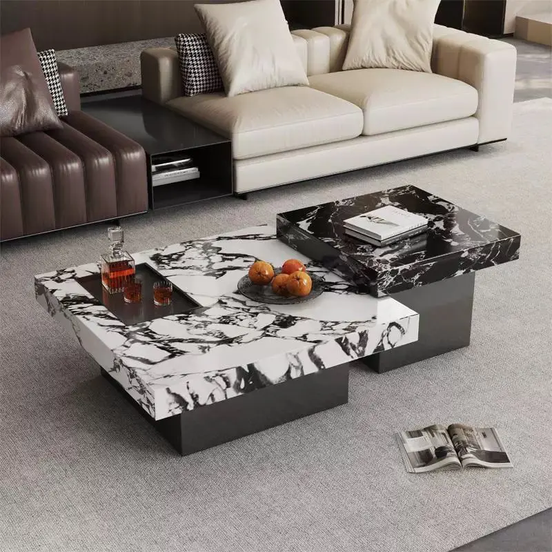 Italian Minimalist Style Square Metal Coffee Table With Stone Top, Suitable For Living Room - High/low Combination Set