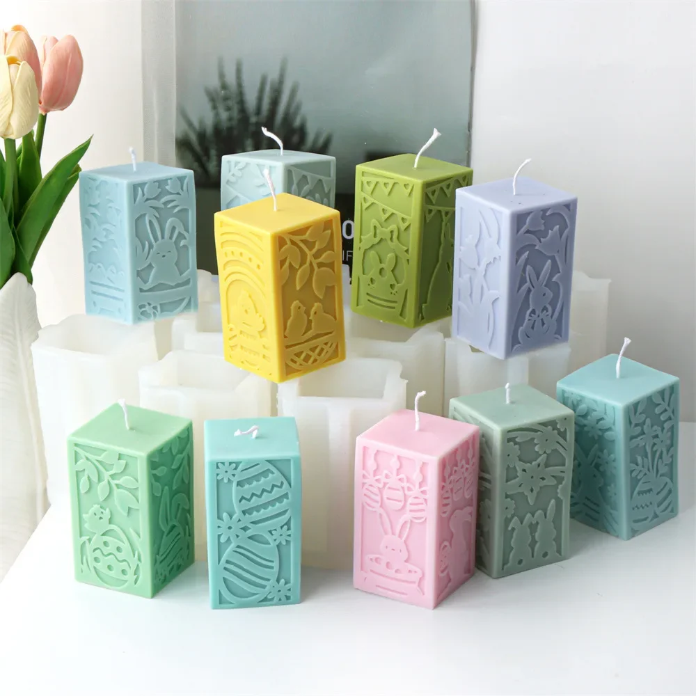 

Easter Square Column Embossed Rabbit Silicone Molds Lace Pattern Scented Candle Decoration Plaster Resin Molds Candle Making Kit