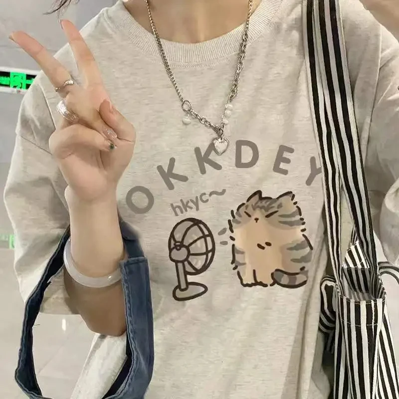 

2025 New Cotton Short-sleeved T-shirt Women's Summer Design Sense Niche American White-gray Loose Shoulder Top