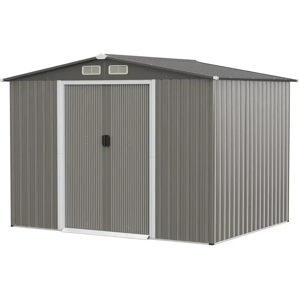 Weather-Resistant Outdoor Storage Shed, 8.5' x 6.8' x 6', Galvanized Steel, Utility Organizer with Foundation, Louvers, Double D