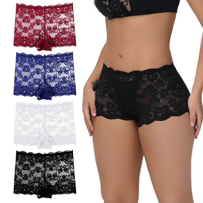 Women Panties Hollow Out Lace Mid Waist Solid Color Elastic See-through Women Underpants Briefs Underwear
