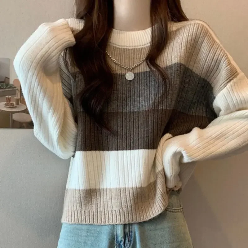 Striped Color Matching Knitted Sweater for Women in Spring and Autumn New Fashionable and Lazy Style Loose Fitting Casual Top