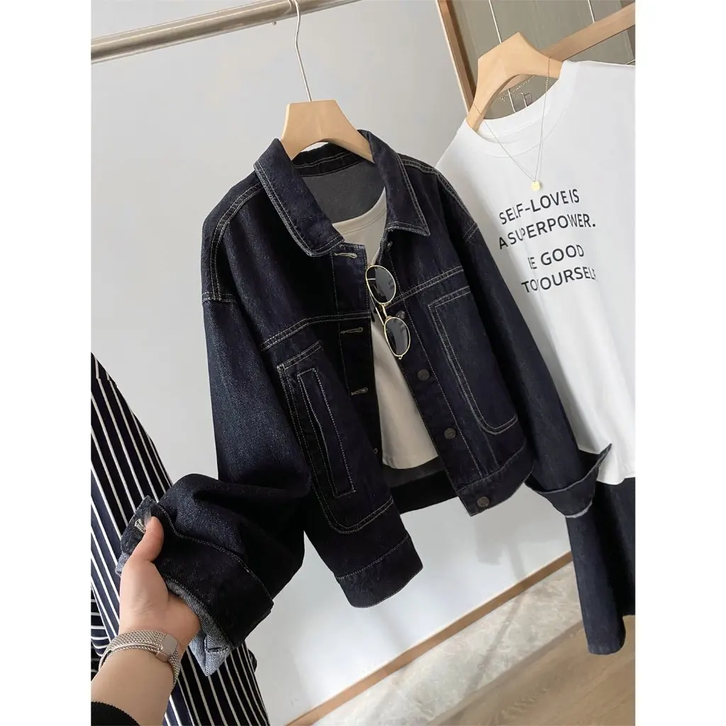 Zedaijai Retro Ming Line Denim Jacket Hong Kong Style Lapel Short Casual Women's Outerwear Spring New 25