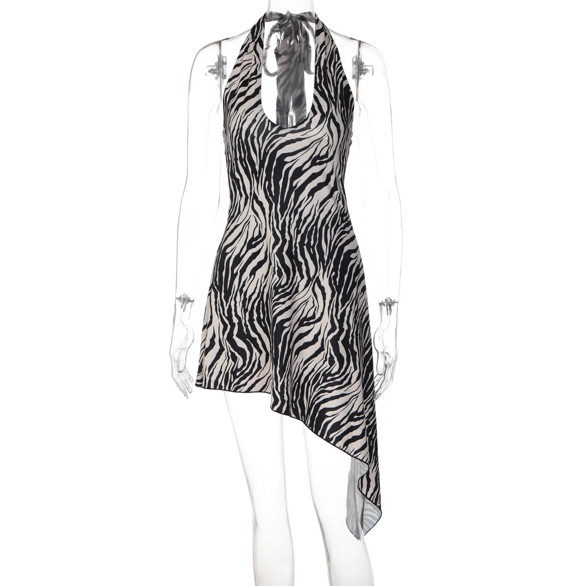 Dulzura Women'S Sexy Backless Lace Up Irregular Zebra Stripes Mini Dress Fashion Elegant Halter Dress Party Club Summer Clothes
