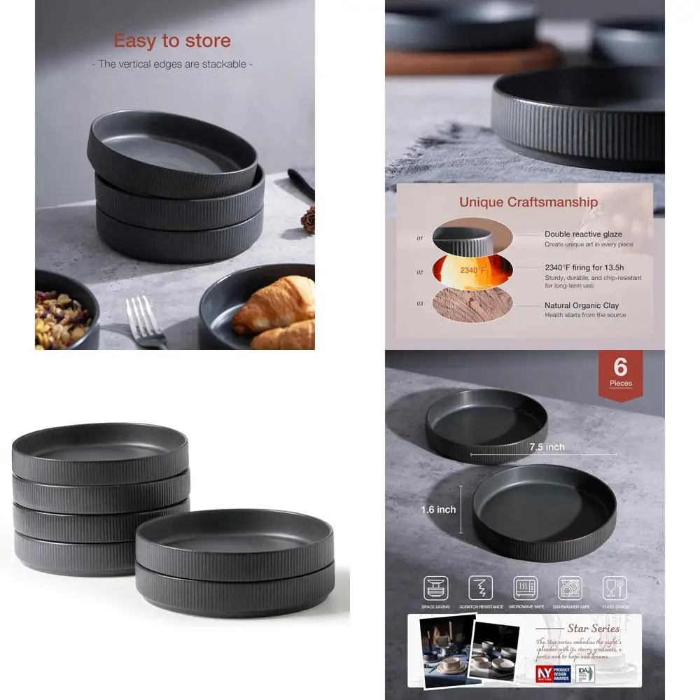 

7.5 Pasta & Salad Bowls Set of 6, Double Reactive Glaze, Stackable, Ideal for Gifts, Holidays & Special Occasions, Matte Charcoa