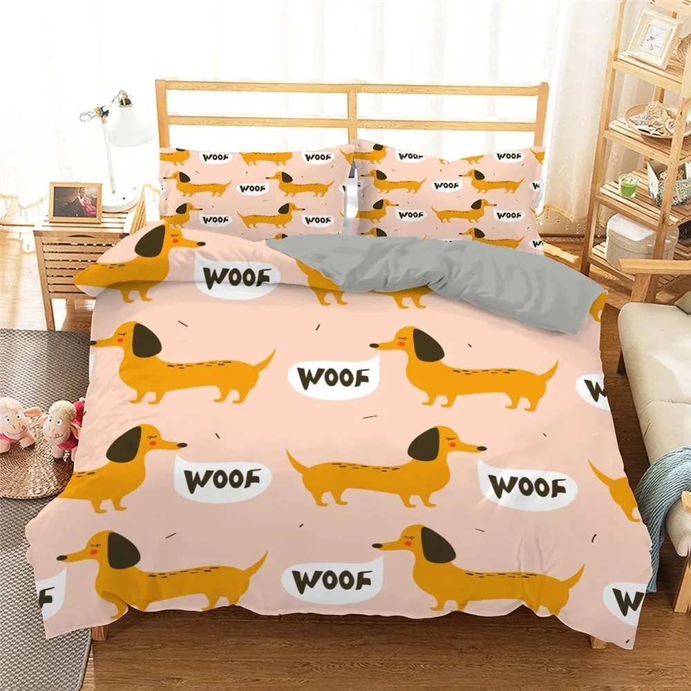 Sausage Dog Print Duvet Cover Set Queen King Full Size Cartoon Dachshund Puppy Bedding Set for Boy Kid Polyester Cover