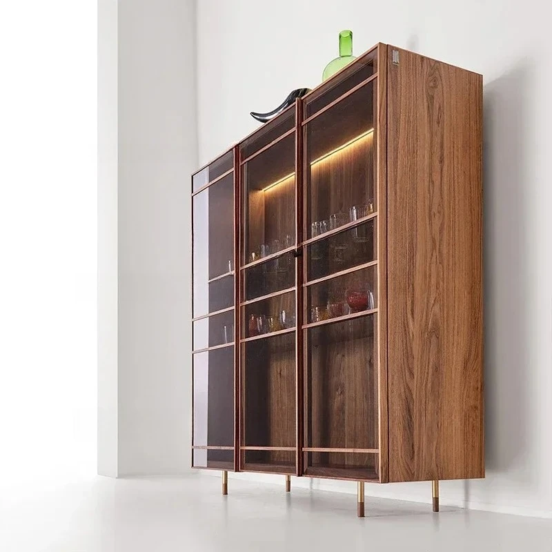 

S Italian light luxury wine cabinet Nordic solid wood bookcase against the wall storage sensor light living room storage cabinet