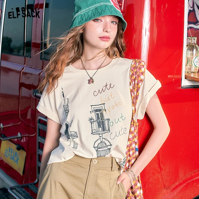 2024 Summer ELFSACK New Arrivals White sweet contrast color letter round neck embroidery casual versatile loose short-sleeved T-