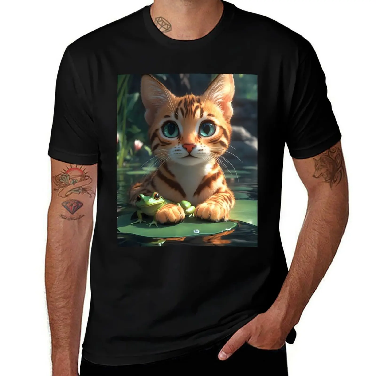 

Animal Cute Pond Big Eyed Bengal Cat Resting On Lily Pad With Tiny Green Frog Companion T-Shirt cute clothes men tshirt