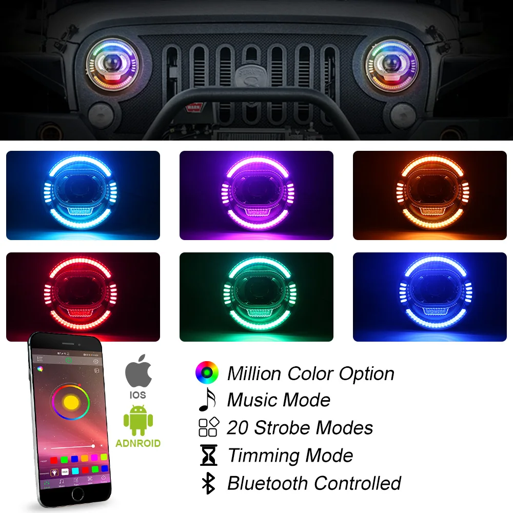POVTOR 7 inch RGB Led Headlights with Turn Signal Lights Hi/Lo Beam RGB Halo for Jeep Wrangler JK JKU Hummer H1 H2