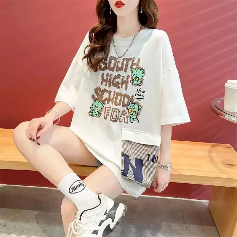 

Design Sense Bear T Shirt Women Fashion Short-sleeved T-shirt 2024 Summer Niche Personality Pocket Tshirt Loose Mid-length Tops