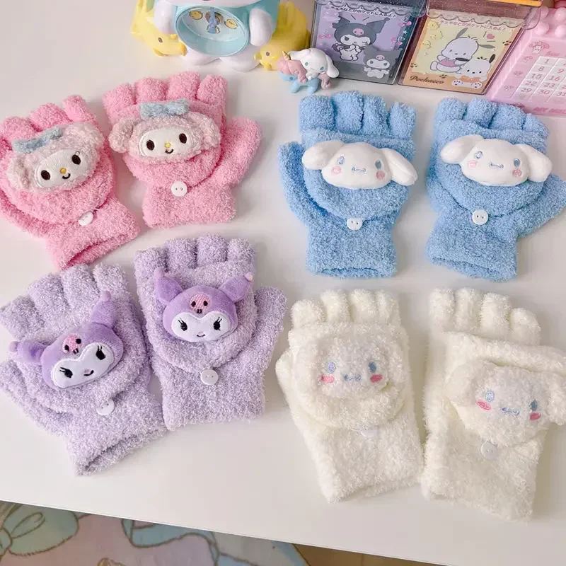 Sanrio Cinnamoroll Melody Kuromi Golves Women Kawaii Cartoon Warm Flap Open Half Finger Hello Kitty Y2k Knitted Coldproof Gloves