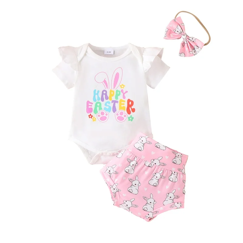 

Baby Girl Easter Outfits Short Sleeve Letter Bunny Print Romper Shorts Headband Set