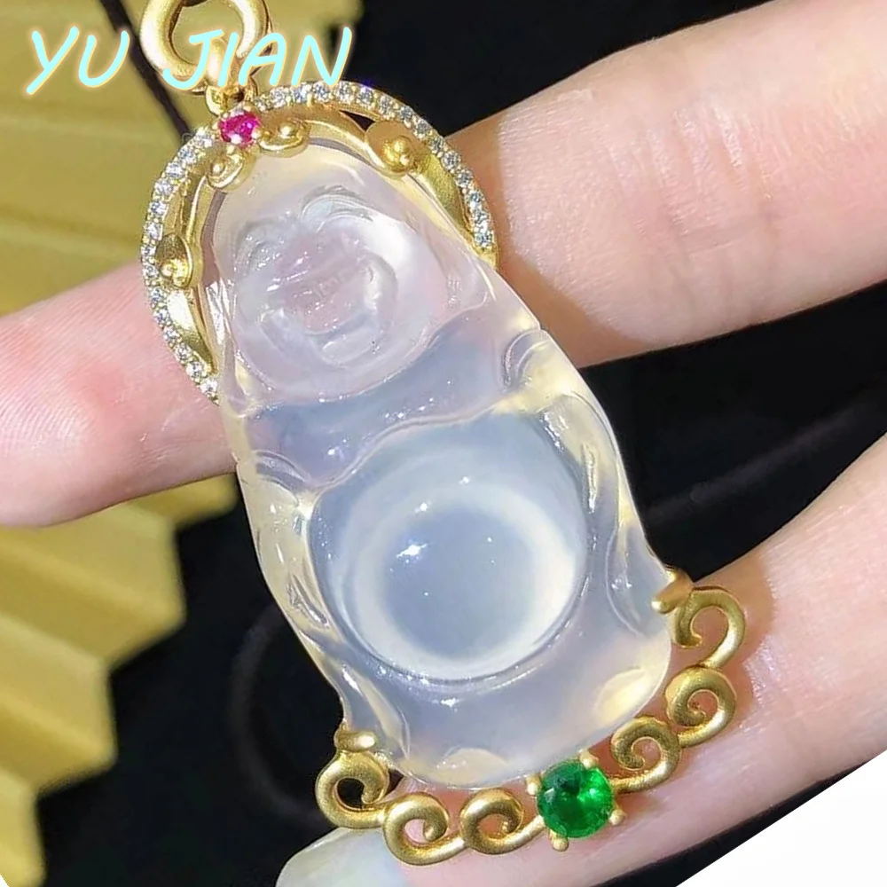 

Laughing-Buddha Chalcedony White Ice Natural Jade Pendant 925 Silver Gold Plated Necklace Sweater Long Chain Fine Jewelry