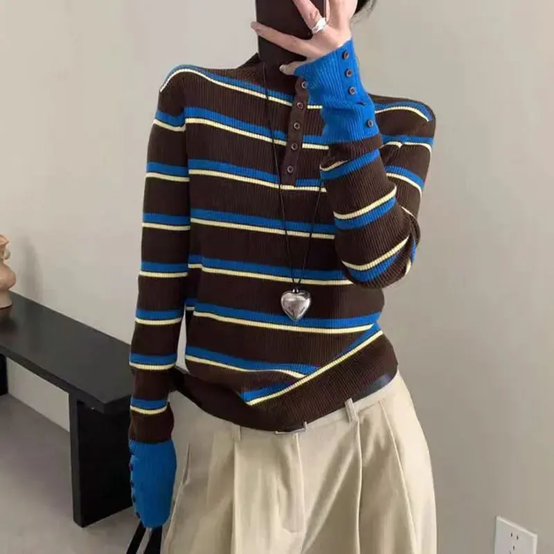 

Contrasting Colors Vintage Striped Sweaters Female Clothing Half High Collar Autumn Winter Stylish Button Slim Knitted Pullovers