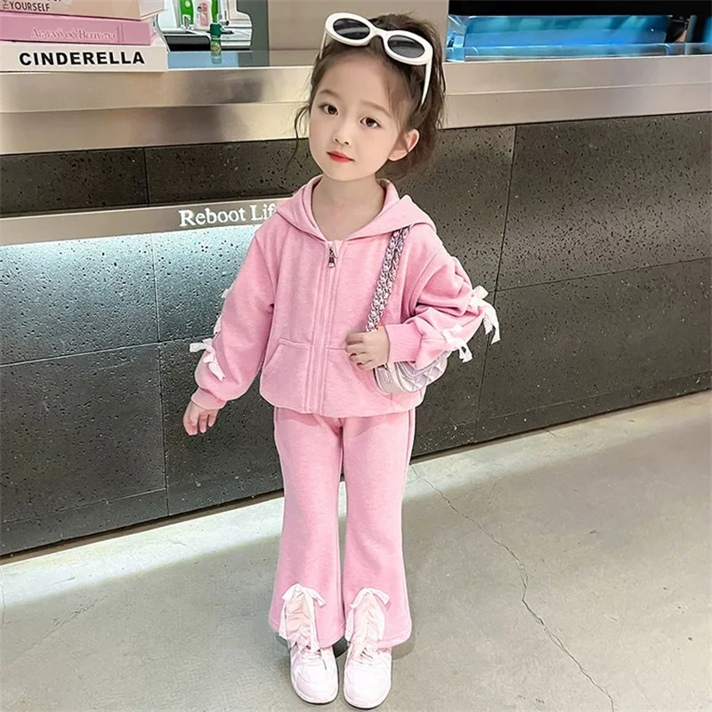 Girl's Clothes Sets Children's Bow Suit Autumn Kids Hooded Coat Flared Trousers 2 Pcs Spring New Teen Sweet Fashion Outfits
