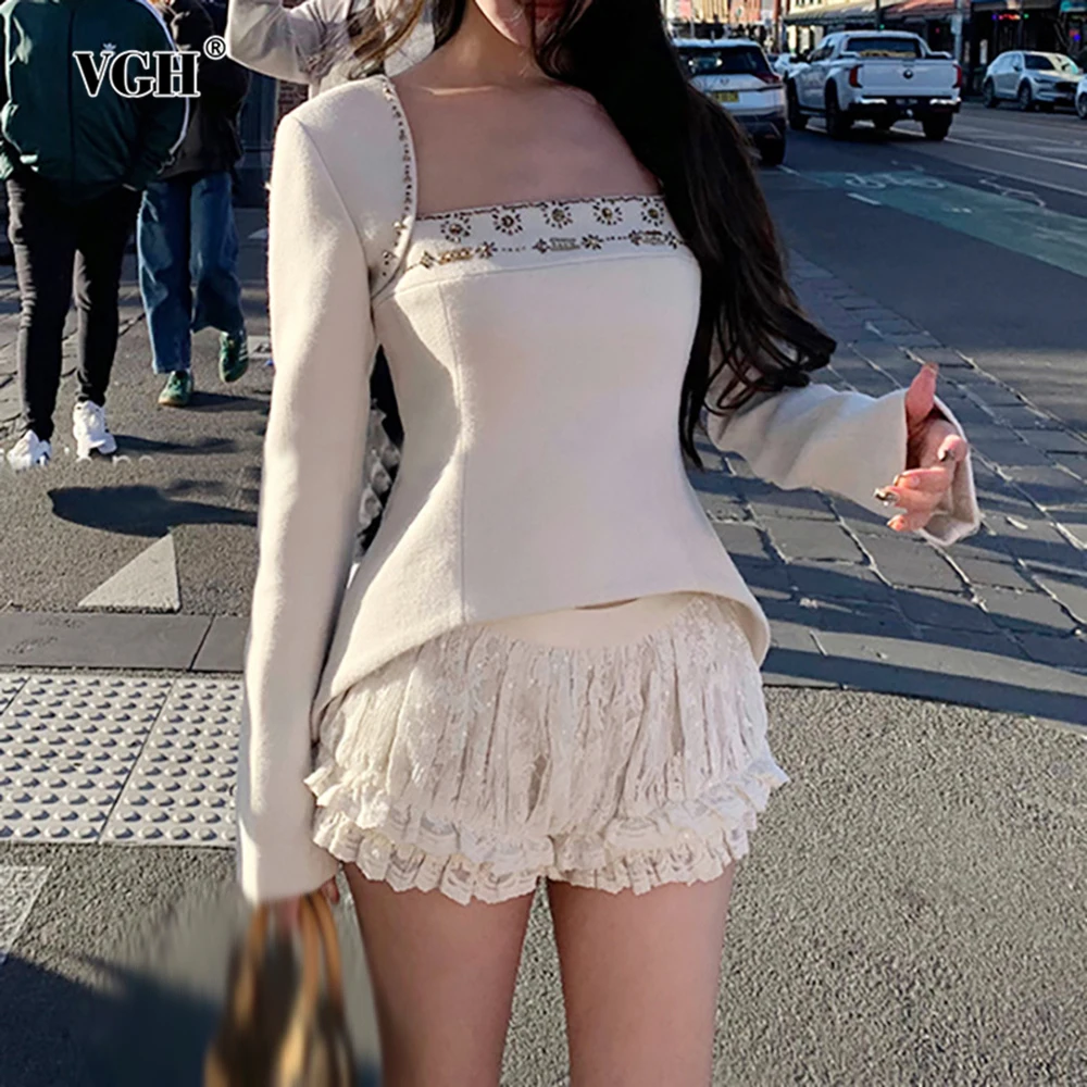 

VGH короткие куртки во французском стиле с однотонным принтом для женщин, весенняя темпераментная куртка с квадратным воротником и длинными рукавами, женская модная новинка