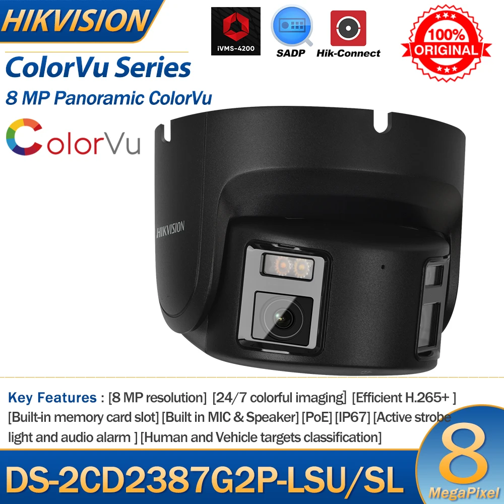 Hikvision 8MP Camera Turret DS-2CD2387G2P-LSU/SL 4K POE Security Panoramic ColorVu Double Lens Color Night Built-in Mic Speaker