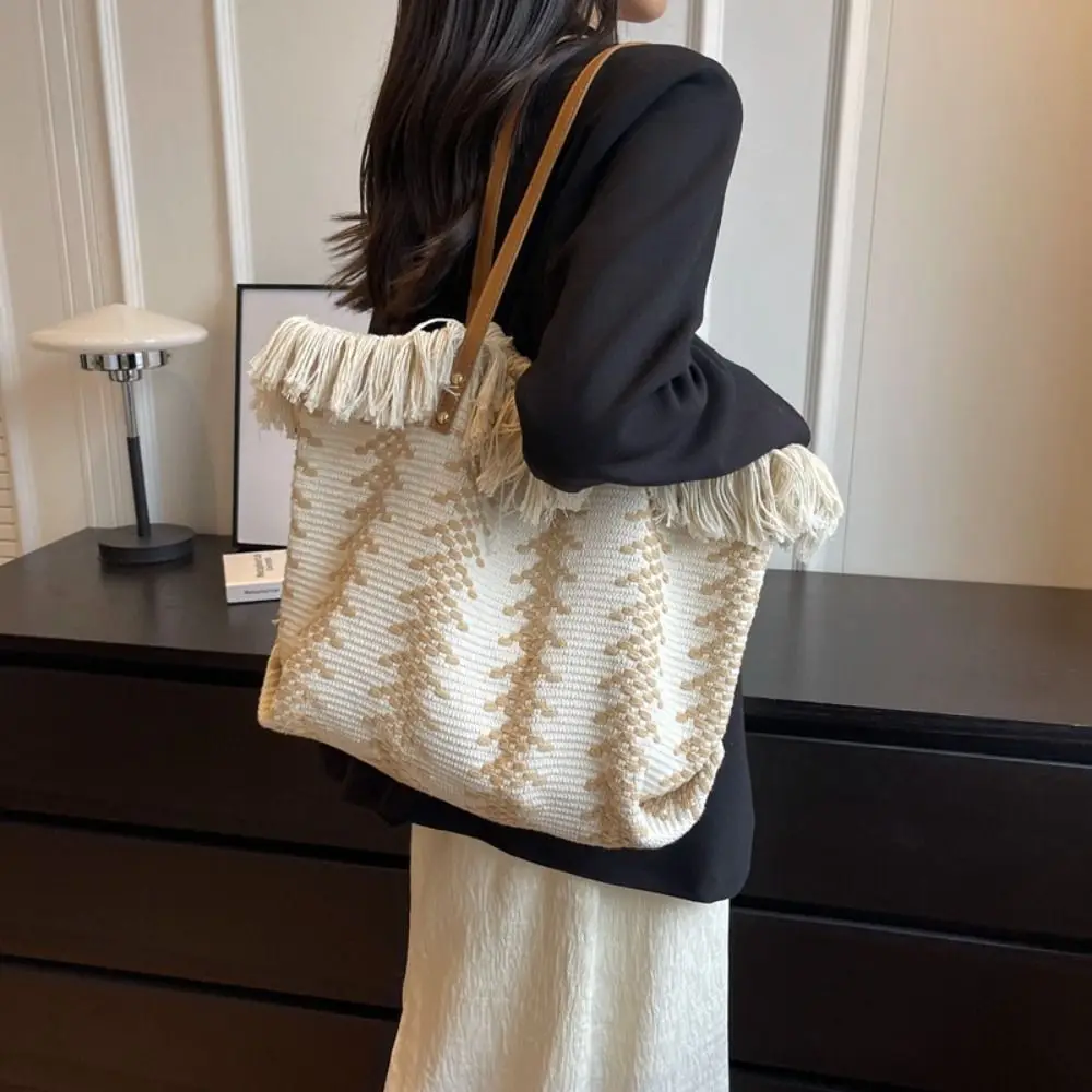 

Casual Printing Tassel Shoulder Bag Embroidery Korean Straw Bag Large Capacity Handbags Weave Tote Bag Women
