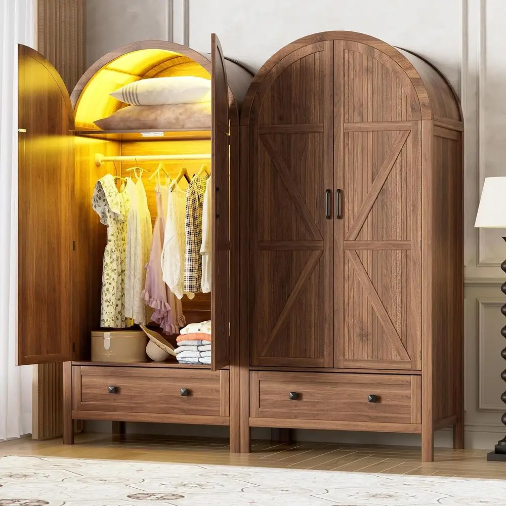 

70.9 Tall Wooden Arched Door Armoires with LED Light, Shelves & Hanging Rod (Brown)