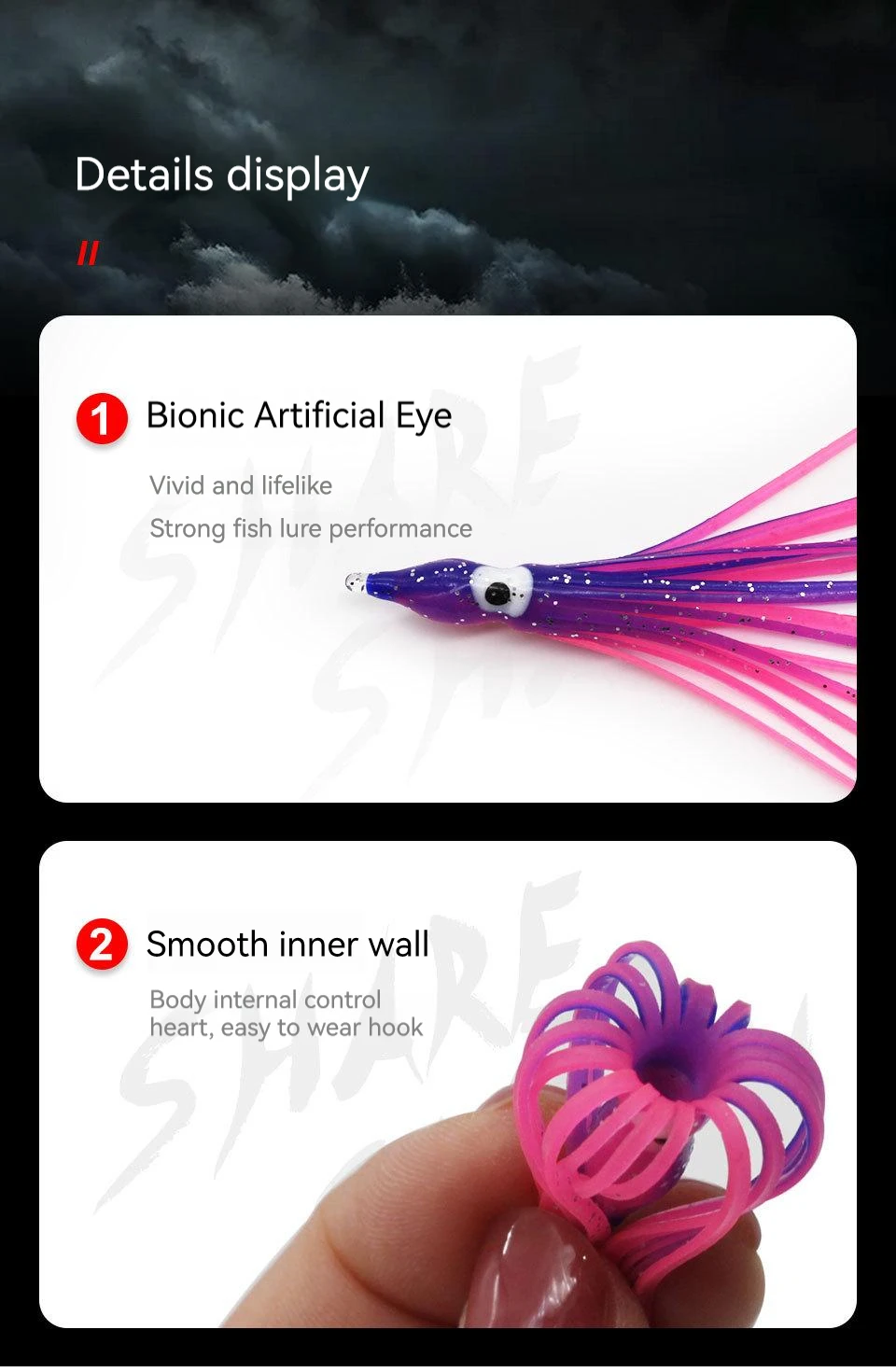 PRO BEROS 5 Stück weiche leuchtende Oktopus-Röcke, Köder, Silikon, Thunfisch, Trolling, Rock, Tintenfisch, Jigging, Meeresangelköder, 3D-Glow-Augen-Werkzeug – Detail 6
