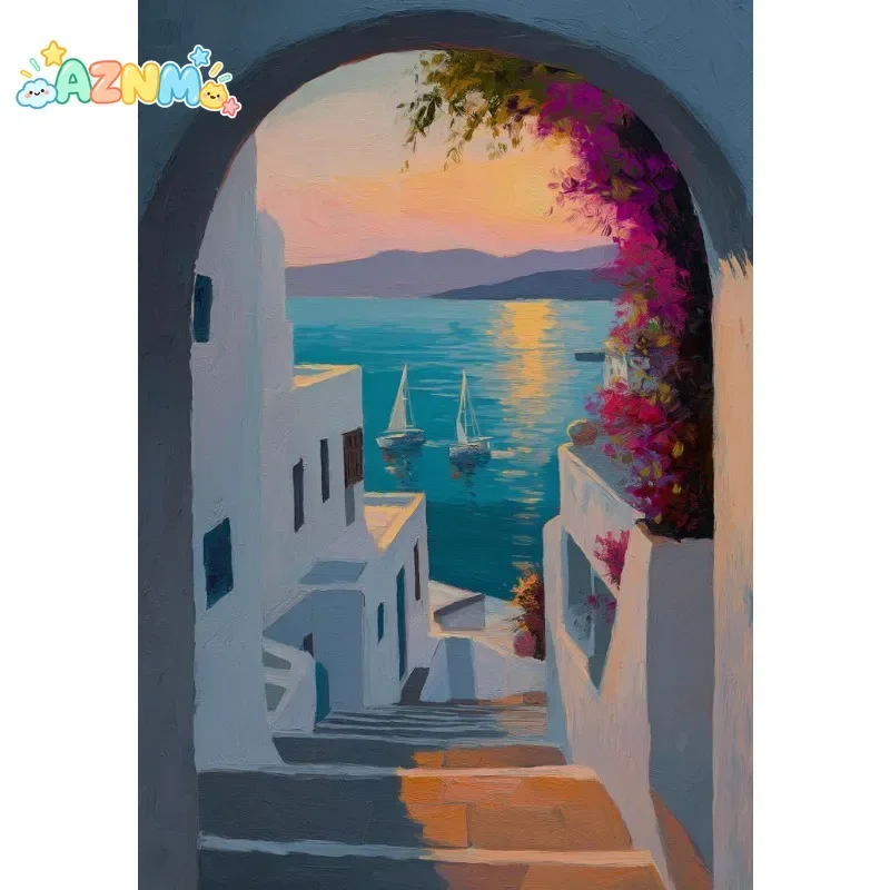 1pc frameless Greek Harbour Seaside Landscape Poster Coastal Aegean Mediterranean Canvas Painting Wall Art for Living Room Ho