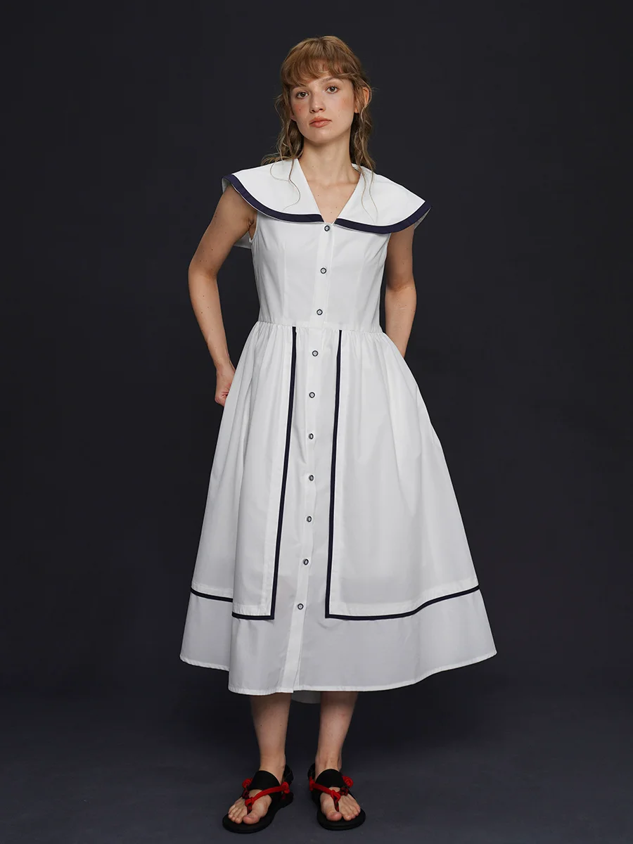 Spring Summer Original Design Women Light French Young Navy Style White Shirt Dresses