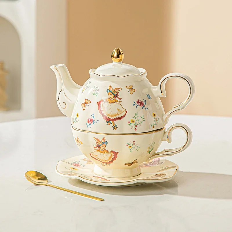 English Ceramic Cup Alice Rabbit Drawing Gold Mother Teapot Coffee Cup Wedding Gift Afternoon Tea Set Teapot