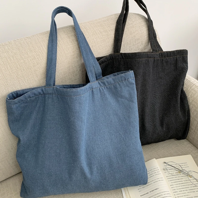 

Простые однотонные женские джинсовые сумки на плечо в стиле ретро, портативная женская сумка для покупок, сумки для девочек-студентов, большая вместительная сумка-книга