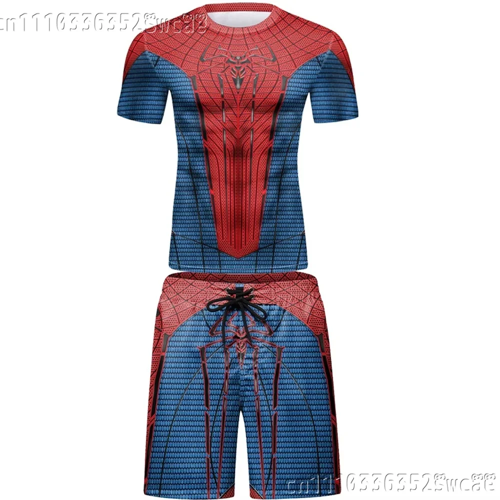 2026 Men 2 Piece Outfit Spider Graphic T-shirt Board Shorts Set Summer Casual Streetwear Suit Family Matching
