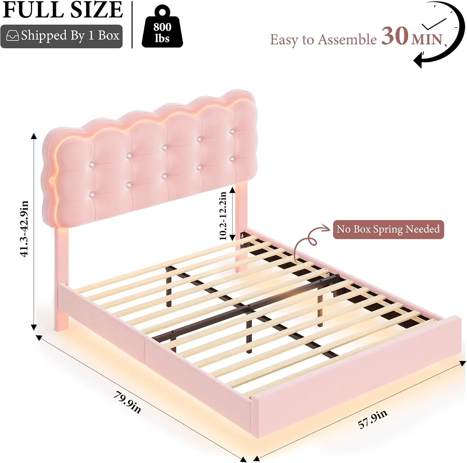 Full Size LED Bed Frame w/Charging Station Headboard, Floating Bed for Girl | Upholstered Velvet Full Platform Bed with Adjustab