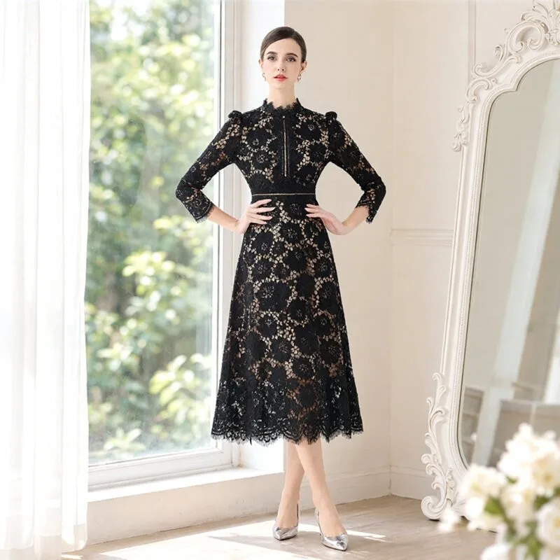 Elegant Black Lace Long Sleeve Dress Women's Slimming Midi Dress Luxury Lady Style Fashionable City Commute Suitable Dress