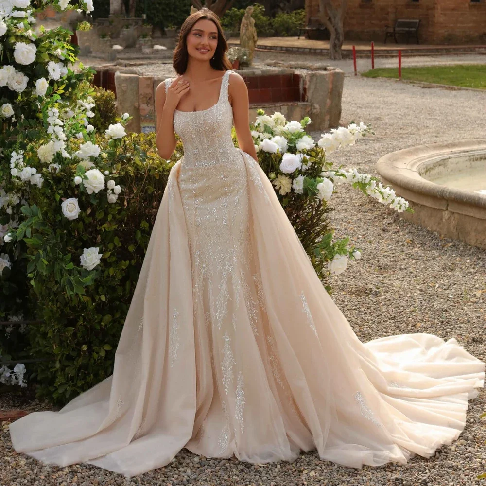 

Flavinke Customized 2 in 1 Mermaid Lace Wedding Dresses 2025 Square Neck Sleeveless Beaded Bridal Dress with Detachable Train