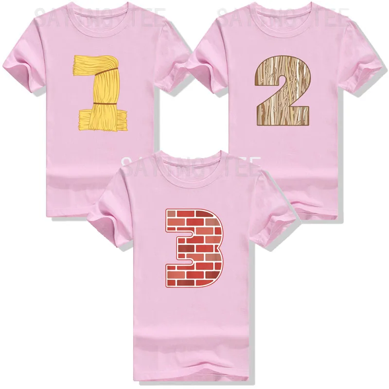 Disfraz de grupo de Halloween de tres cerditos 1,2,3, camiseta para niños y adultos, traje gráfico con letras impresas, camiseta de manga corta con texto en inglés, regalos