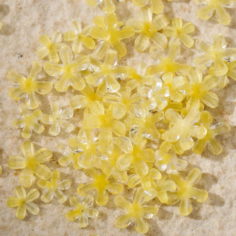 50PCS 3D Acrylic Nail Art Flower Charms Accessories Clear Yellow Resin Five-petaled Flowers Parts For Nails Decoration Supplies