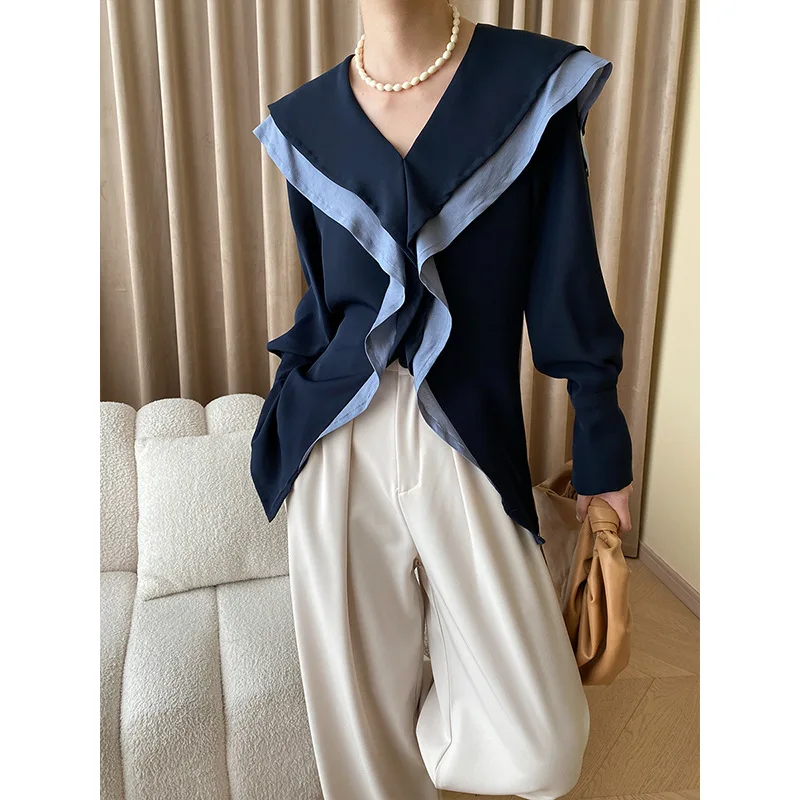 

SuperAen 2024 Spring New Niche Design Stand Cut Color Sailor Collar Long Sleeved Shirt