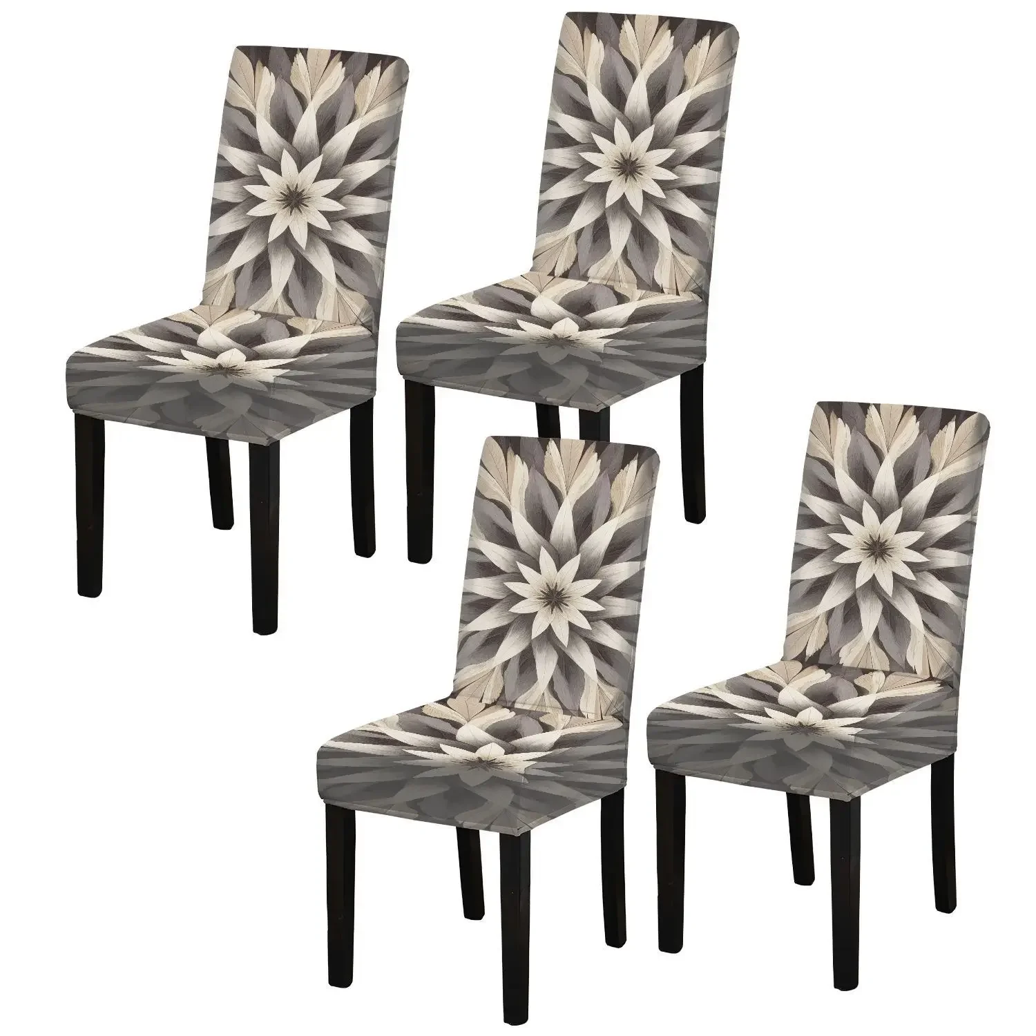 Stretch Dining Chair Cover Black White Grey Geometric Mandala Feather Abstract Floral Pattern Removable
