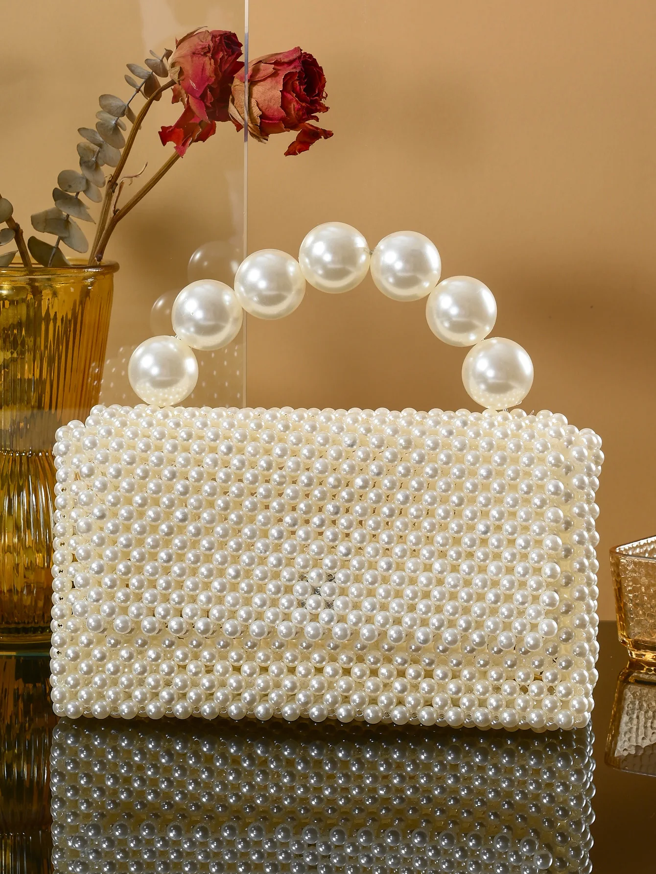 

Retro Elegant Pearl White Crossbody Bags Fashionable Ins Bead Design Production Square Bag Customizable Handbag