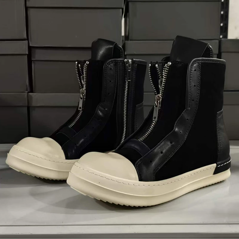 Zapatillas de cuero genuino de caña alta para hombre, con aumento de altura, suela gruesa, cremalleras frontales, estilo casual, botines cortos.