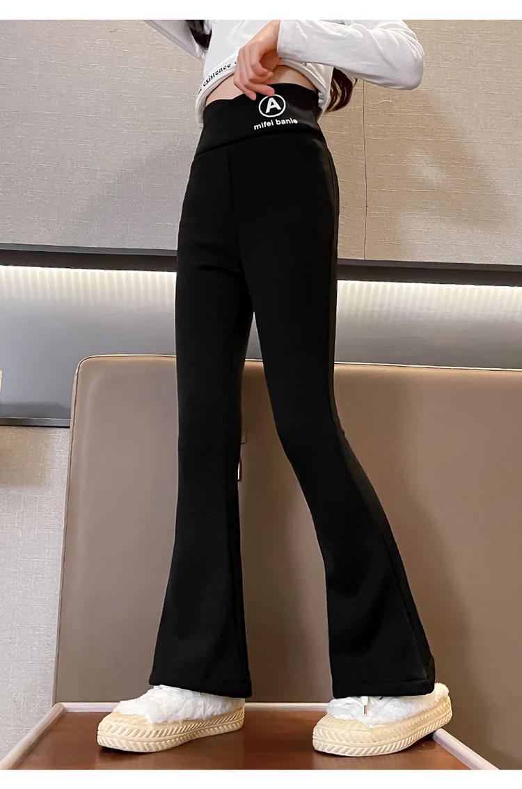 Kinder-Winter-Schlaghose für Mädchen, Warme Lässige Boot-Cut-Thermohose mit Fleecefutter, Dicke Isolierte Jogginghose in Schwarz für Kinder 5-14 – Detail 5