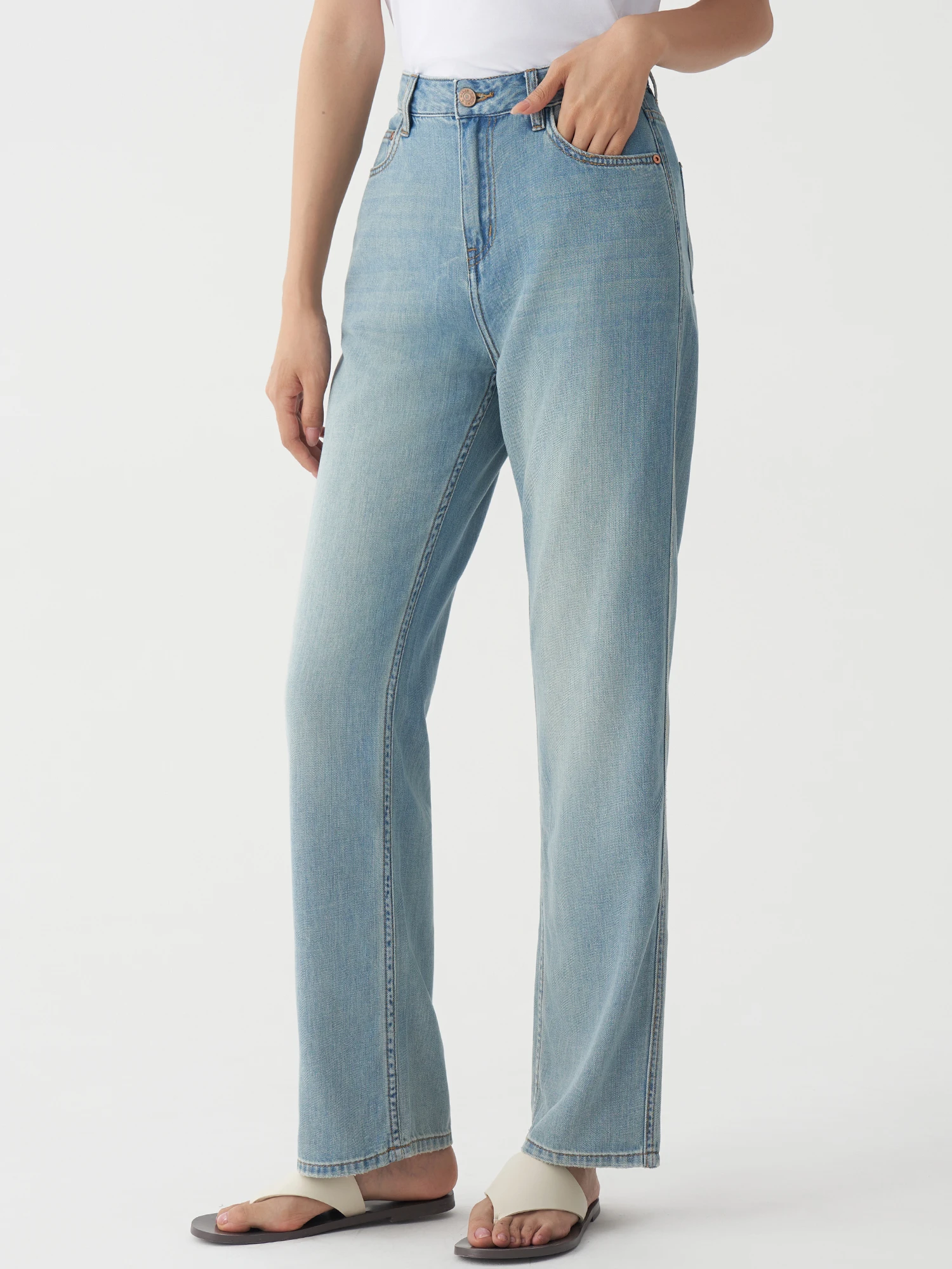 TIDE BLEND High Waist Straight Leg Jeans Floor-Length Washed Light Blue Women's Summer Slimming Long Pants Ice Skin Cool